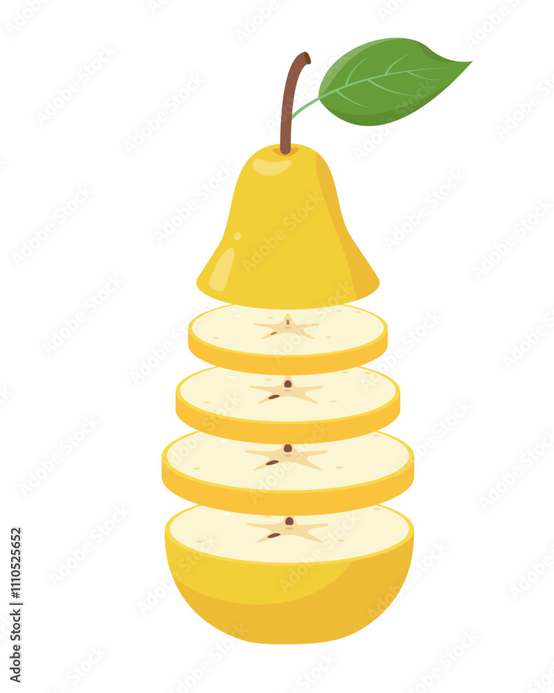 Yellow fresh cut Pear fruit. Organic pear fruit with slices for juice, smoothie or vitamin C healthy food. Vector icon illustration isolated on white background.