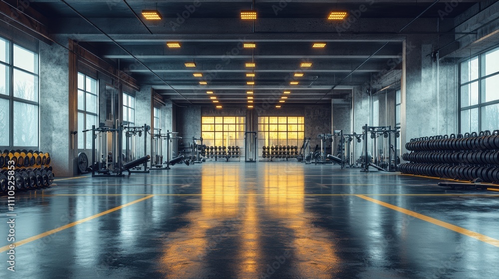 Fototapeta premium Empty fitness center interior with rows of weights, machines, bright windows, spacious workout area, minimalistic design, exercise equipment, and natural light reflections.
