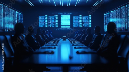 Futuristic Business Meeting in a Dark Room with High-Tech Screens and Silhouetted Figures Engaged in Strategic Discussions About Technology and Innovation