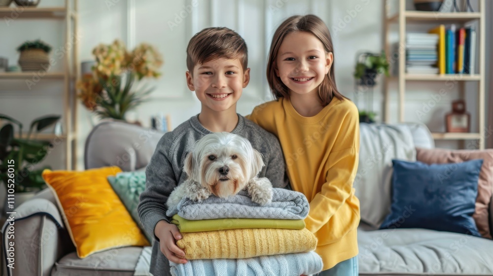 Smiling brightly, a boy and girl proudly display a pile of freshly folded clothes, with their happy dog wagging its tail beside them. Smiling brightly, a boy and girl proudly display a pile of freshly folded clothes, with their happy dog wagging its tail beside them.
