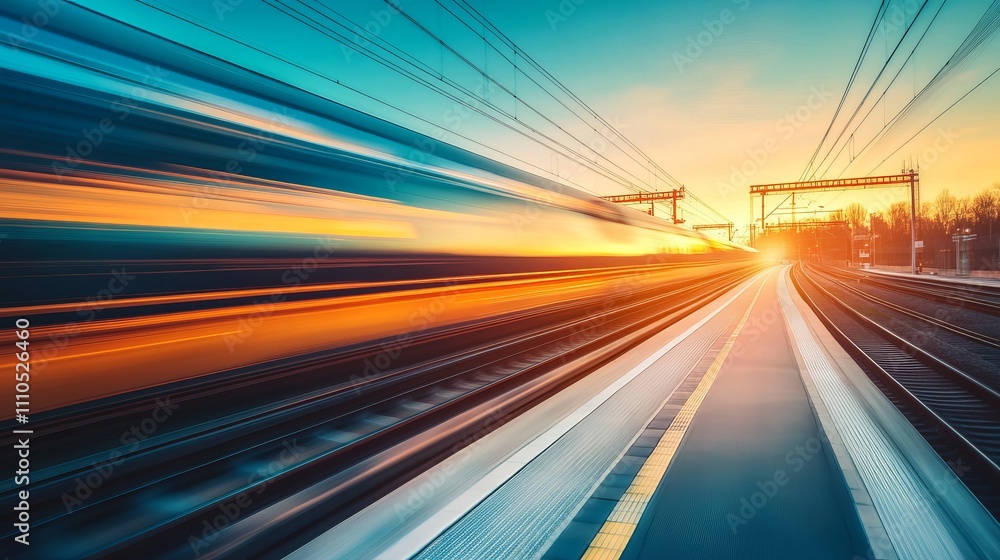 A dynamic view of a train departing from a railway station during sunset. The vibrant sky and motion blur capture the speed of modern transportation and the beauty of dusk A dynamic view of a train departing from a railway station during sunset. The vibrant sky and motion blur capture the speed of modern transportation and the beauty of dusk