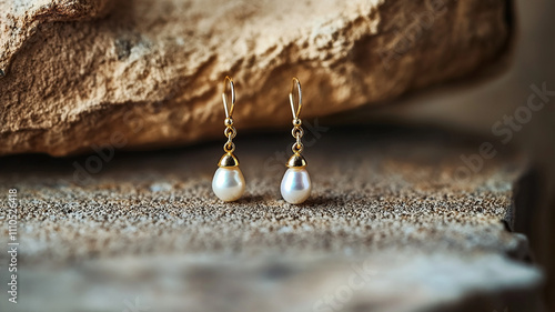 Little pearls set in a pair of gold drop earrings on a slab of stone with textured accents photo