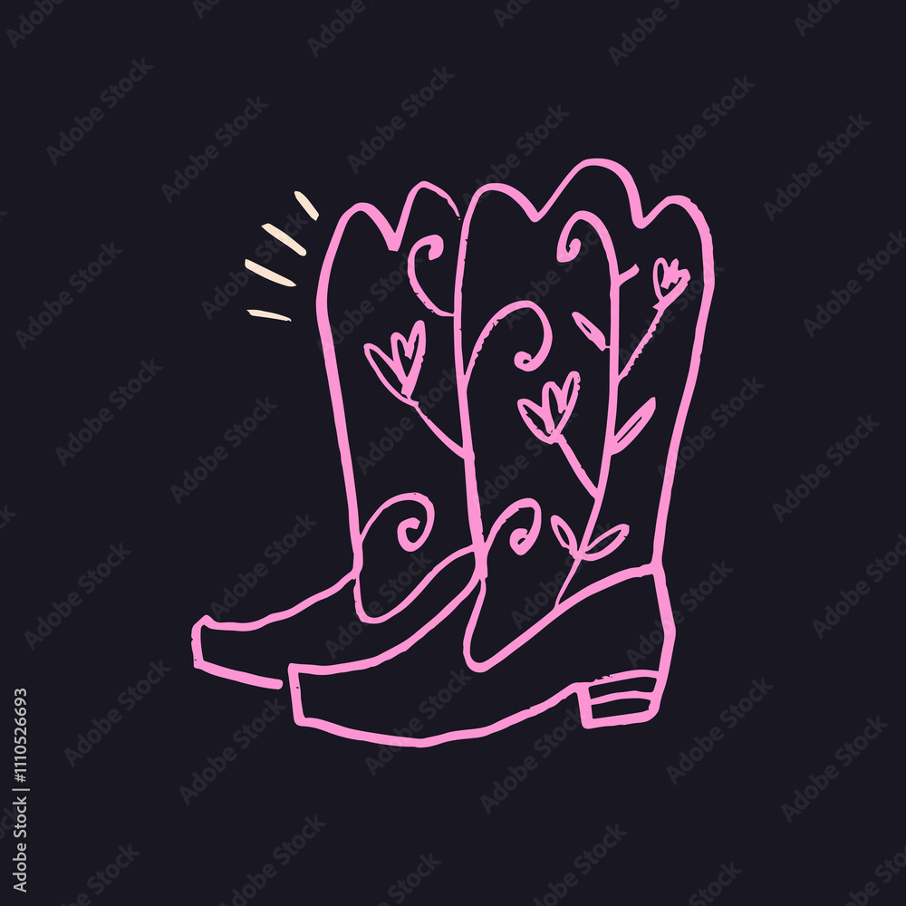 Bohemian groovy postmodern funky barbiecore pink cowgirl patterned boot silhouette, funky groovy hippie cowboy concept fashion shoes. Vector illustration clipart isolated glamour boot on background Bohemian groovy postmodern funky barbiecore pink cowgirl patterned boot silhouette, funky groovy hippie cowboy concept fashion shoes. Vector illustration clipart isolated glamour boot on background