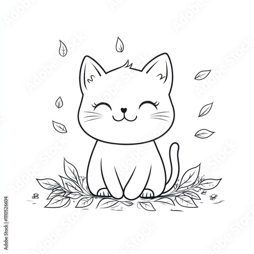 Adorable cartoon kitten sitting amidst falling leaves.