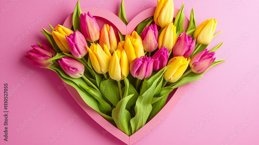 Vibrant Tulips in Heart-Shaped Frame on Pink Background Vibrant Tulips in Heart-Shaped Frame on Pink Background