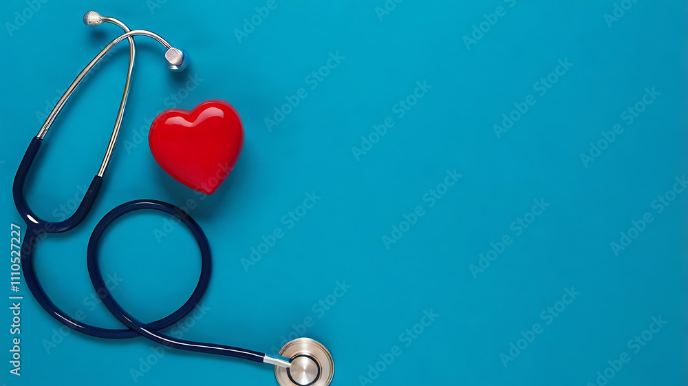 Medical Theme with Stethoscope and Heart on Blue Background, Copy space, stethoscope close-up, medical background image, medical diagnostics symbol, cardiology concept. Medical Theme with Stethoscope and Heart on Blue Background, Copy space, stethoscope close-up, medical background image, medical diagnostics symbol, cardiology concept.