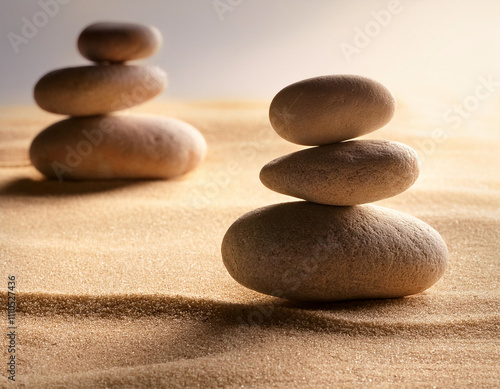 Zen Arrangement of Smooth Stones on Sandy Surface Under Soft Light