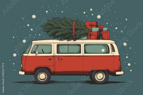 Illustration of Christmas tree on top of a vintage van with presents