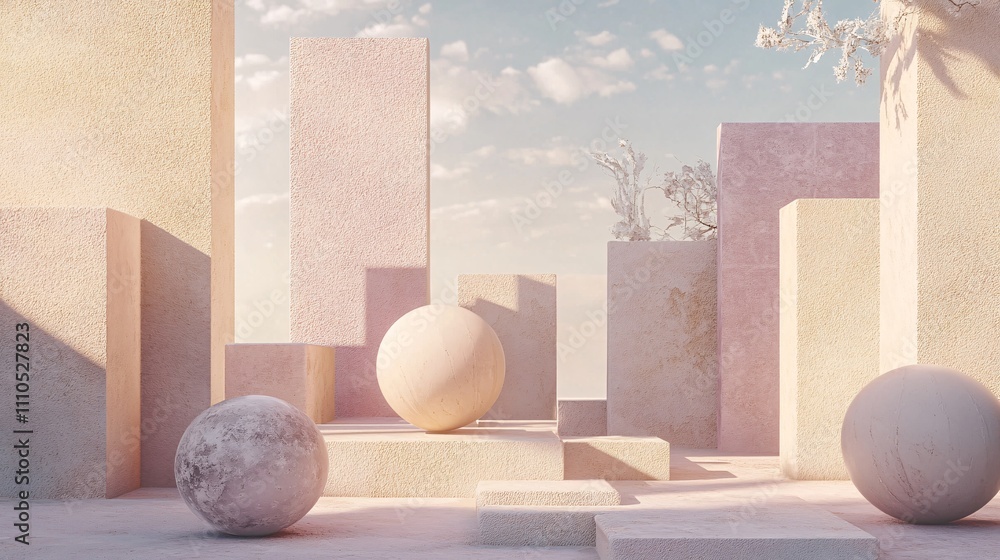 Abstract minimal pastel scene with geometric shapes, spheres, and dried plants