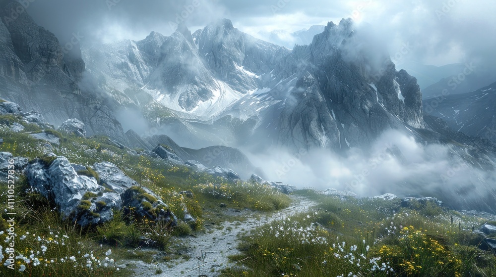 Fototapeta premium Majestic snowy mountain peaks shrouded in ethereal mist and fog rise up in a dramatic wilderness landscape creating a captivating and scene of natural beauty and power