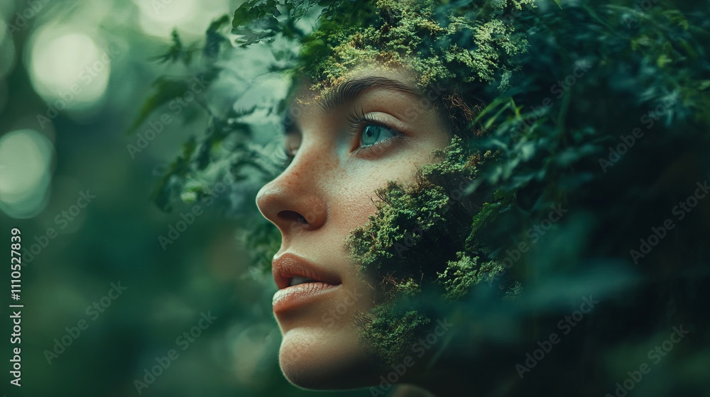 A woman with striking blue eyes is partially hidden among lush green leaves, creating a captivating connection between her and nature. The soft light highlights her features A woman with striking blue eyes is partially hidden among lush green leaves, creating a captivating connection between her and nature. The soft light highlights her features