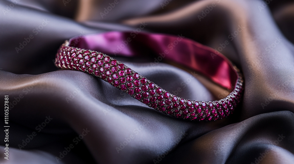 Fototapeta premium A bracelet adorned with rubies draped elegantly over a dark-toned, silky fabric