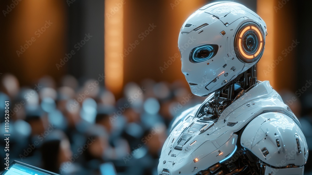 Futuristic ai robot teacher at college lecture with blurred audience Futuristic ai robot teacher at college lecture with blurred audience