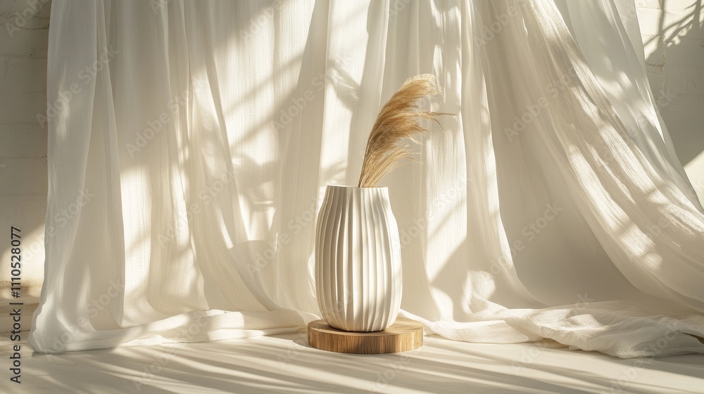luxurious white display stand, sunlit white drapery, soft botanical shadows cast, premium interior scene, wooden base detail, gentle fabric pleats, high end minimalism, dreamy light effects, elegant