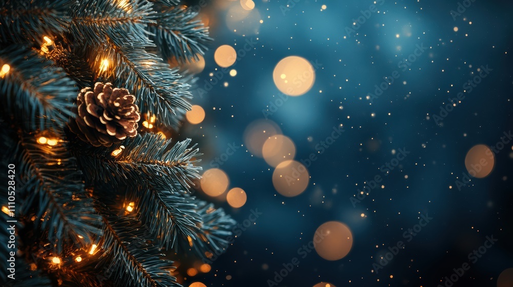 Minimalist pine garland with bokeh lights on navy blue background Minimalist pine garland with bokeh lights on navy blue background