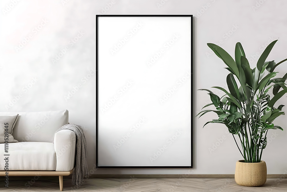 3D-rendered blank poster frame mockup in a Scandinavian-style living room interior with a white sofa, green plant, and modern minimalist design 3D-rendered blank poster frame mockup in a Scandinavian-style living room interior with a white sofa, green plant, and modern minimalist design