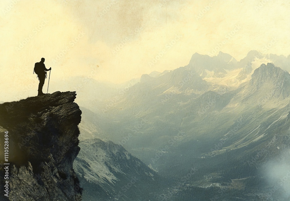 A person standing on the peak of a mountain with their arms raised in celebration—a landscape featuring lush green valleys, lakes, and a cloudy sky.the essence of adventure, A person standing on the peak of a mountain with their arms raised in celebration—a landscape featuring lush green valleys, lakes, and a cloudy sky.the essence of adventure,