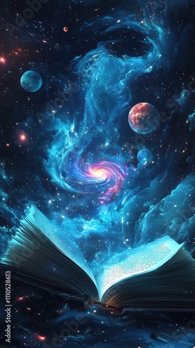 Galaxy emerging from open book with floating planets and stars