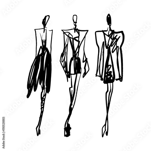 Podium abstract women with hat black ink brush fashion week design clothing sketch. Fashionable models hand drawn illustration, stylized inky brush silhouette isolated on white background clipart
