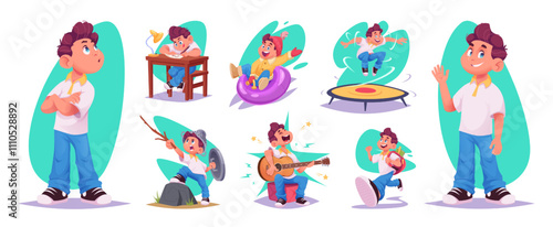 Collection of cartoon young teenage boy in different active poses and situations