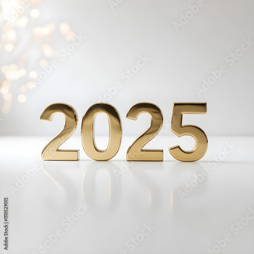 2025 in gold text on a white background, bright and shine background, new year. bokeh style. 3d.