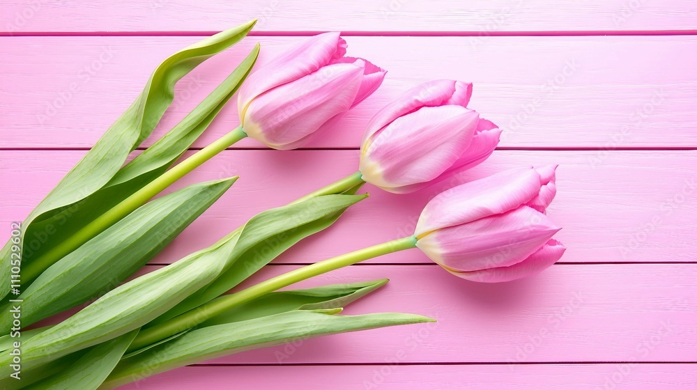 Pink Tulips on Pink Wooden Surface for Spring or Floral Background Pink Tulips on Pink Wooden Surface for Spring or Floral Background