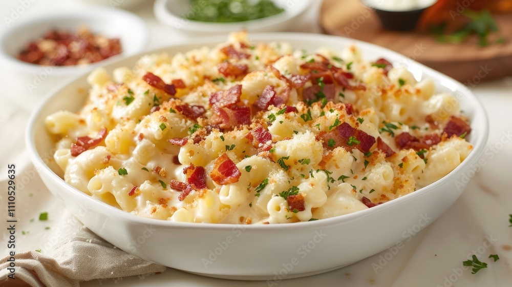 A beautifully crafted pasta dish, featuring gourmet mac and cheese, loaded with crispy bacon and a blend of creamy cheeses, beautifully presented on a white background A beautifully crafted pasta dish, featuring gourmet mac and cheese, loaded with crispy bacon and a blend of creamy cheeses, beautifully presented on a white background