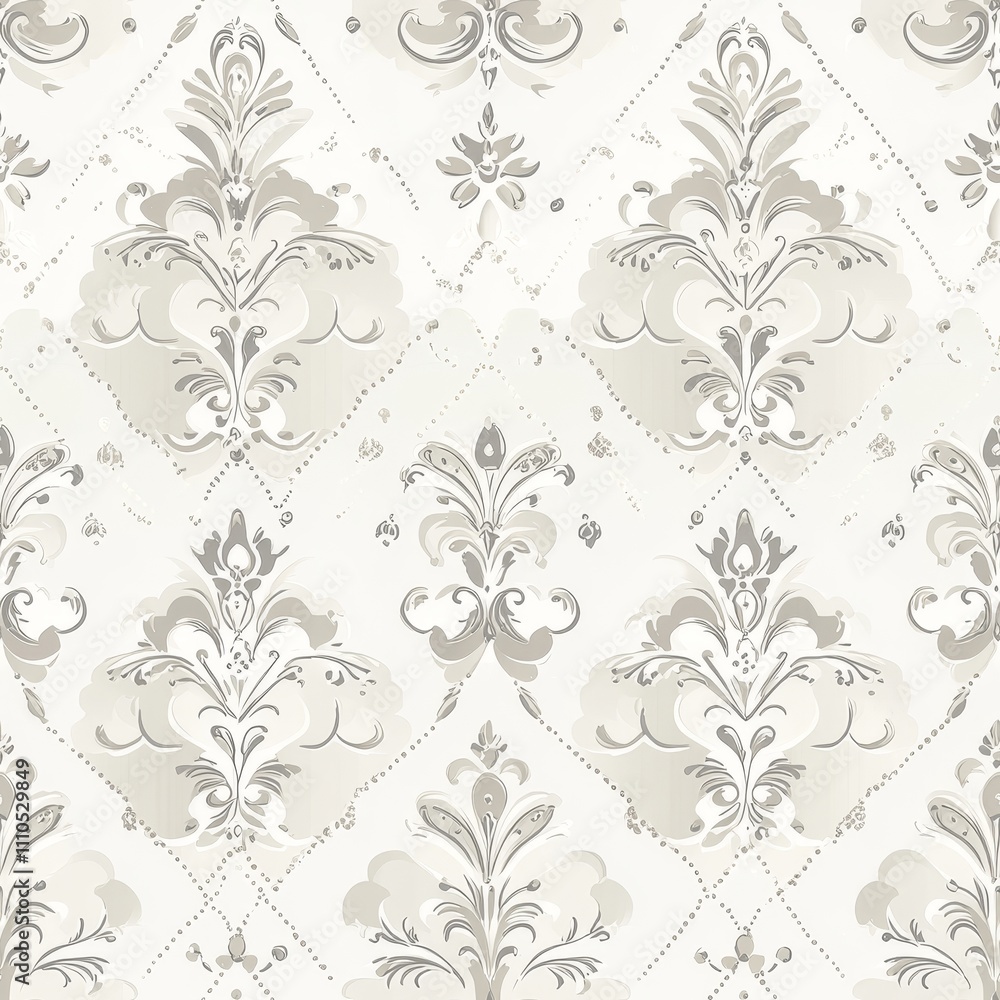 traditional damask wallpaper, pearl gray ornaments, diamond grid arrangement, subtle dotted details, ornate floral medallions, graceful scrolling elements, vintage inspired pattern, light and airy traditional damask wallpaper, pearl gray ornaments, diamond grid arrangement, subtle dotted details, ornate floral medallions, graceful scrolling elements, vintage inspired pattern, light and airy