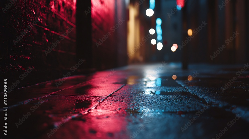 Naklejka premium Wet alley reflecting neon lights at night