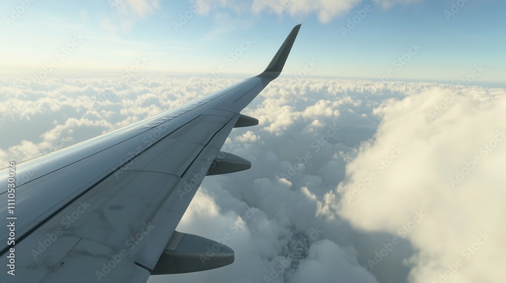 Obraz premium A picture of airplane wing in mid sky, with fluffy clouds background
