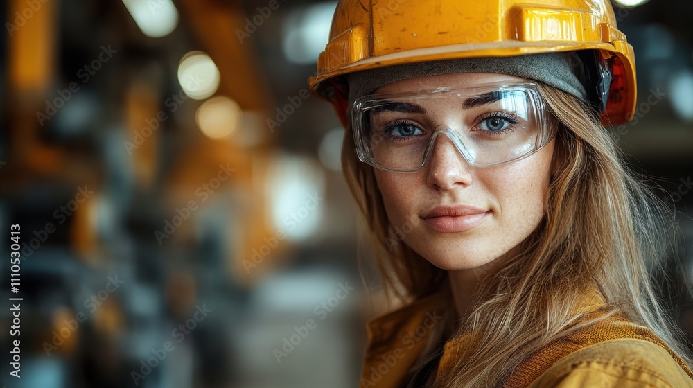 Confident female construction worker wearing safety gear in industrial setting, yellow hard hat, goggles, professional expression, engineering career, modern industry, competent, tools, machinery Confident female construction worker wearing safety gear in industrial setting, yellow hard hat, goggles, professional expression, engineering career, modern industry, competent, tools, machinery