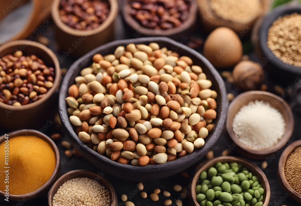 A variety of seeds and legumes displayed in wooden bowls, including peanuts, sesame seeds, and green beans, with spices like turmeric and sugar in the foreground. A variety of seeds and legumes displayed in wooden bowls, including peanuts, sesame seeds, and green beans, with spices like turmeric and sugar in the foreground.