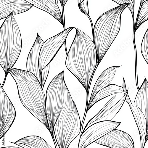 monochromatic botanical line art, sharp black outlines on white background, flowing leaf pattern, hand-drawn linear style, seamless nature motifs, elegant surface design, precise parallel lines, photo