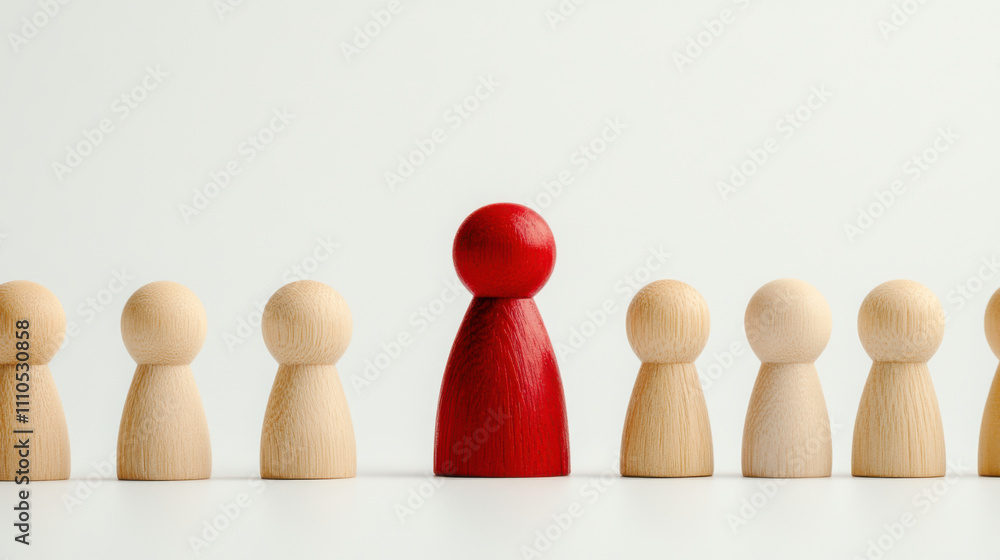 Delegation and leadership, Leadership concept with red figure among wooden figures, symbolizing guidance and influence Delegation and leadership, Leadership concept with red figure among wooden figures, symbolizing guidance and influence