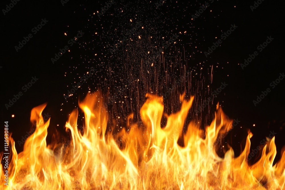 Fire with glowing orange flames, sparks and embers, against black background
Fire with glowing orange flames, sparks and embers, against black background