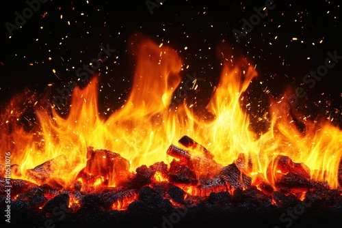 Fire with glowing orange flames, sparks and embers, against black background 