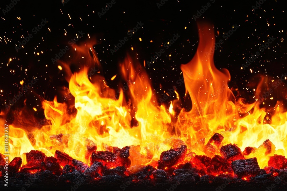 Fire with glowing orange flames, sparks and embers, against black background
Fire with glowing orange flames, sparks and embers, against black background