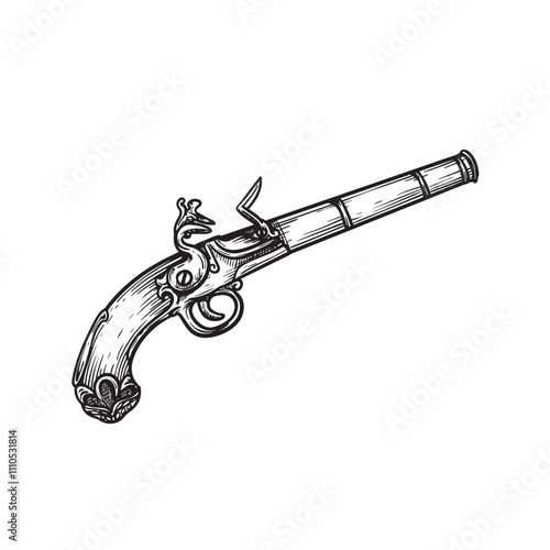 Hand drawn musket pistol with wooden grip. Flintlock gun in retro sketch style. Best for tattoo and pirate designs. Vector illustration.