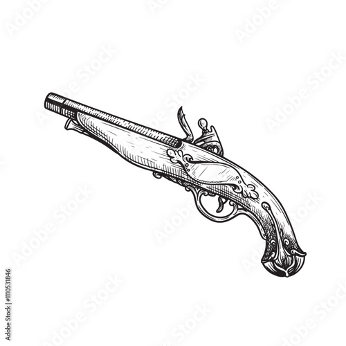 Hand drawn musket pistol with wooden grip. Flintlock gun in retro sketch style. Best for tattoo and pirate designs. Vector illustration.