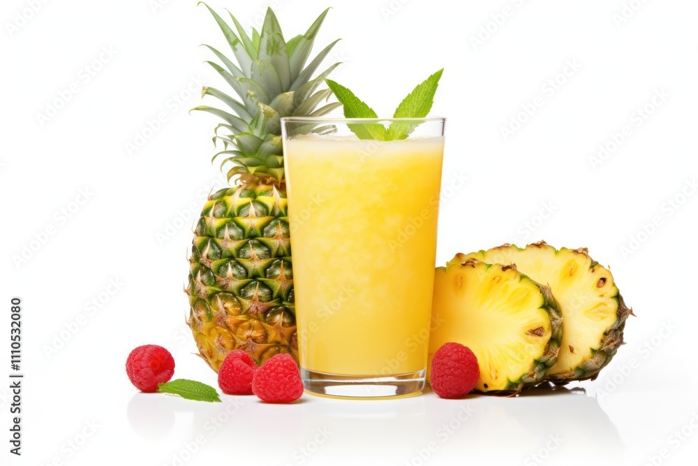A stylish glass filled with smooth pineapple juice, accompanied by fresh pineapple wedges, raspberries, and a slice of star fruit, beautifully arranged around the glass. A stylish glass filled with smooth pineapple juice, accompanied by fresh pineapple wedges, raspberries, and a slice of star fruit, beautifully arranged around the glass.
