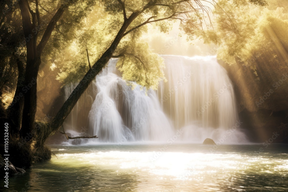 A vibrant image of fresh water cascading off a waterfall, creating a misty splash at the base. The sunlight filters through the trees, adding a magical quality to the scene. A vibrant image of fresh water cascading off a waterfall, creating a misty splash at the base. The sunlight filters through the trees, adding a magical quality to the scene.