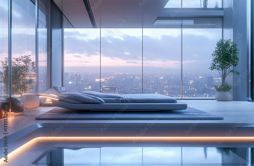 Fototapeta premium Luxurious Futuristic Modern Bedroom Design with Smart Technology and Innovative Lighting Solutions