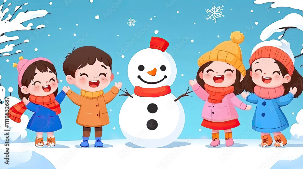 Children Celebrating Winter by Building a Snowman Together in a Snowy Landscape With Cheerful Expressions and Colorful Winter Clothing Children Celebrating Winter by Building a Snowman Together in a Snowy Landscape With Cheerful Expressions and Colorful Winter Clothing