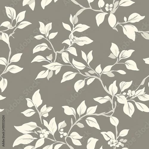 classic floral wallpaper pattern, ivory botanical silhouettes, olive grey backdrop, graceful leaf sprays, elegant repeating design, minimal nature motif, traditional decorative style, sophisticated