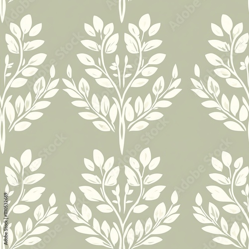 ornamental wheat pattern, symmetric botanical design, soft cream foliage, muted sage background, folk-inspired floral motif, repeating nature elements, minimalist organic arrangement, elegant vector