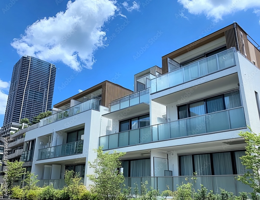 Modern residential skyscraper with white balconies, surrounded by greenery and Cityscape, bright sunny day with blue sky and clouds, luxury urban living, and real estate architecture. Modern residential skyscraper with white balconies, surrounded by greenery and Cityscape, bright sunny day with blue sky and clouds, luxury urban living, and real estate architecture.