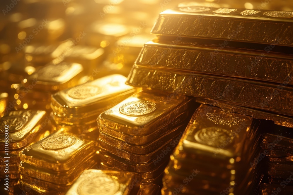 Stacks of gleaming gold bars illuminated by warm light in a treasure-filled setting Stacks of gleaming gold bars illuminated by warm light in a treasure-filled setting