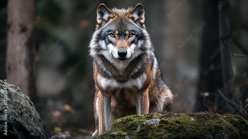 Fototapeta premium A wolf standing on a rock in a forest.