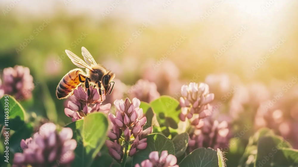 Bee Pollinating Clover Blossom Environmental Conservation and Bee Protection Concept. Bee Pollinating Clover Blossom Environmental Conservation and Bee Protection Concept.