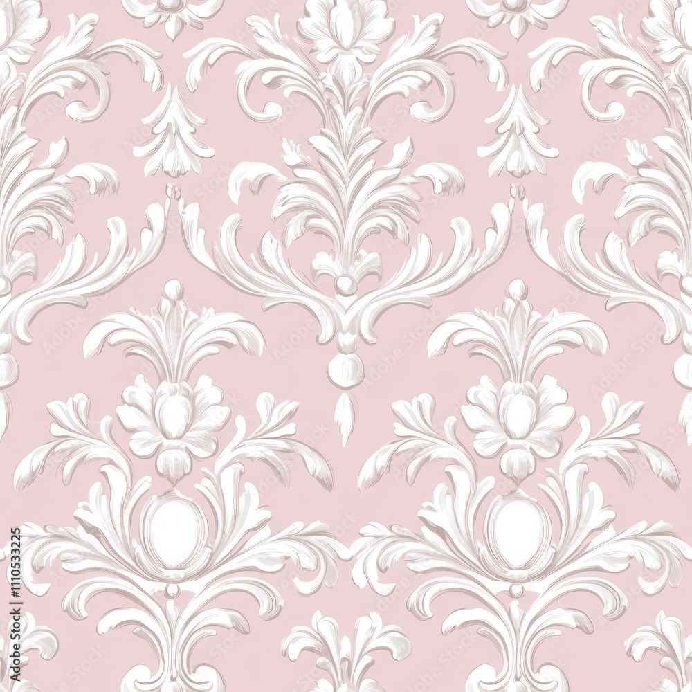 luxurious pastel pink wallpaper design, classical white scrollwork pattern, refined floral medallions, curling tendrils, ornamental baroque elements, sophisticated seamless textile pattern luxurious pastel pink wallpaper design, classical white scrollwork pattern, refined floral medallions, curling tendrils, ornamental baroque elements, sophisticated seamless textile pattern